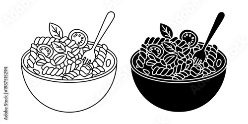 Fusilli pasta salad with cherry tomatoes and fresh basil leaves in bowl with fork set of linear and solid black vector icons for healthy vegetarian menu or summer picnic recipe book illustration art.