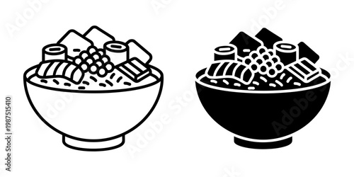 Bowl of food icons set in outline and silhouette styles featuring rice ingredients and toppings served in a simple bowl on a white background.