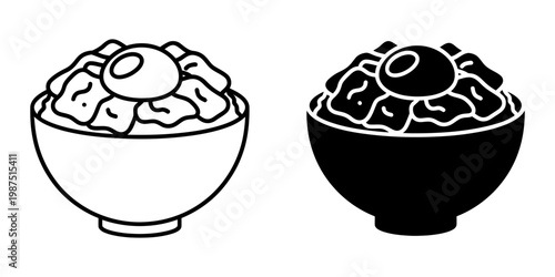 Bowl of food with egg icon set in outline and silhouette styles showcasing rice dish with fried egg and toppings served in a deep bowl.