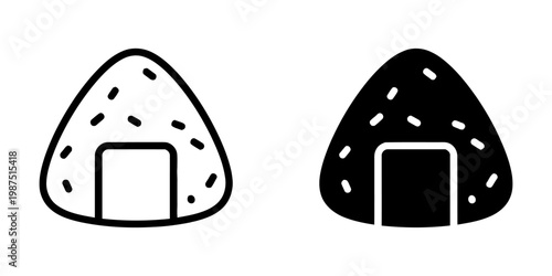 Onigiri rice ball icons set in outline and silhouette styles showing triangular shape with seaweed wrap and sesame seeds on white background.