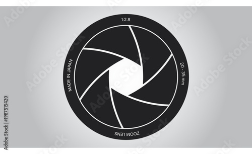 Camera lens aperture shutter symbol with zoom lens text isolated on grey gradient background.