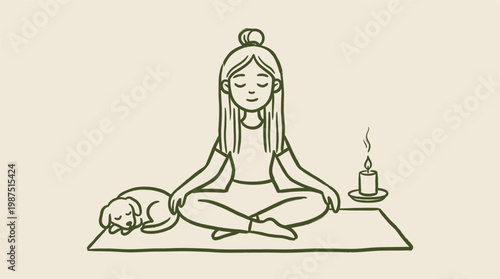 Wellness icons with woman dog candle minimal line