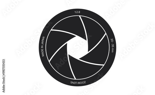 Minimalist camera aperture shutter symbol with zoom lens technical text isolated on white background.