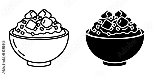 Bowl of food with cubes icon set in outline and silhouette styles representing rice or grain dish topped with diced ingredients in a round bowl.