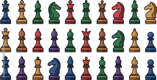 colorful chess pieces arranged in rows on beige background