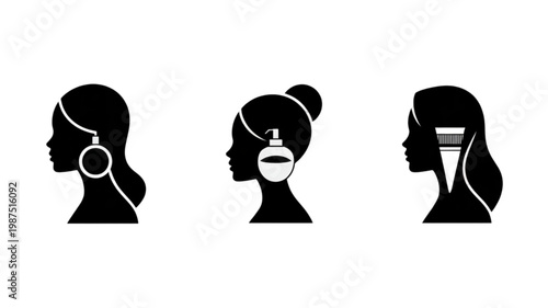 Minimalist black female profile silhouettes with white beauty and hair care icons: hoop, lotion bottle, dye brush.