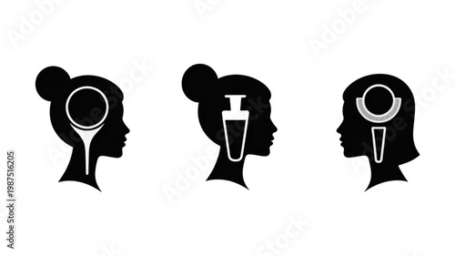 Three minimalist black female head profiles with golf tee, cocktail shaker, and ankh symbols.