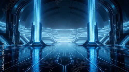 Futuristic blue glowing sci fi corridor with light beams