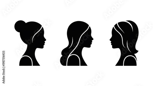 Three black female profile silhouettes showcasing diverse hairstyles and elegant necklines.