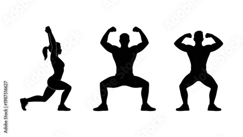 Black silhouettes of a woman lunging and two men flexing muscles, representing fitness and strength.