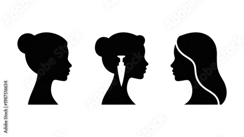 Three black female profile silhouettes with distinct hairstyles and a unique perfume bottle earring