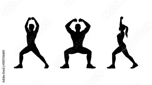 Three dynamic black silhouettes of people exercising, featuring two men and one woman in active fitness poses with raised arms and spread legs.