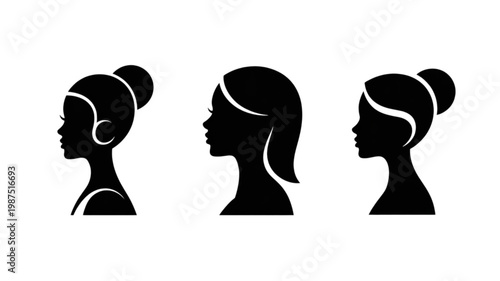 Three elegant black female profile silhouettes with distinct hairstyles and delicate features.