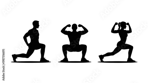 Dynamic black silhouettes of men and woman performing lunge, squat, and bicep flex fitness poses.