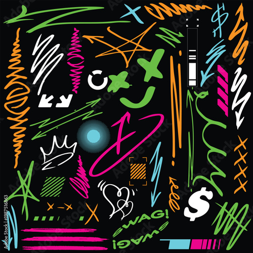 rapper hiphop street art graffiti tag doodle brush paint stroke set for tshirt design template, 2d illustration vector, icon logo collection