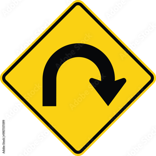 Hairpin Curve Right Yellow Diamond Road Sign Vector Illustration
