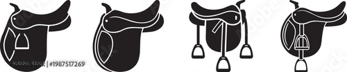 horse saddle icon, solid black, white background, minimalist, sharp edges, vector illustration.