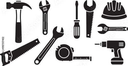 Black tools icon set, construction equipment symbols, hardware vector graphics, industrial tools collection