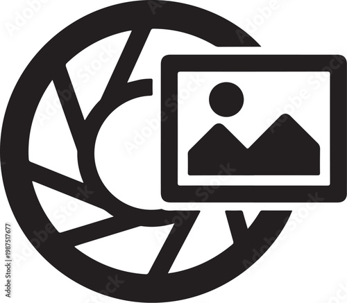 Camera lens, photography icon, black vector graphic, shutter aperture symbol