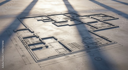 Architectural floor plan floor outline on concrete ground. Concept of home design and building construction. Civil engineering perspective on construction site for renovation project.