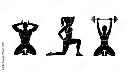 Black fitness silhouettes: muscular man, woman lunging, and female weightlifter with barbell, demonstrating workout poses.