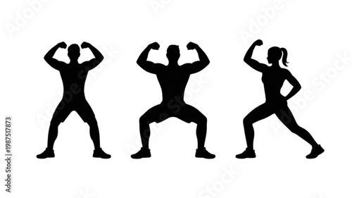 Dynamic black silhouettes of two muscular men and one fit woman flexing biceps, showcasing strength and fitness.