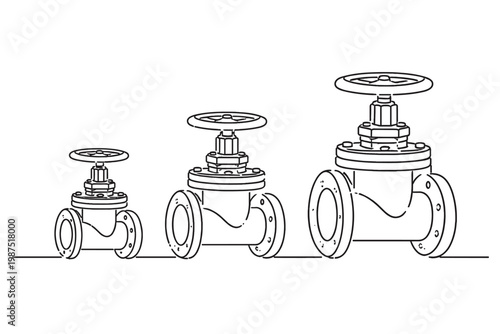 Continuous line drawing of three industrial pipe valves in increasing sizes, representing plumbing, gas, or oil flow control systems in a minimalist black and white vector sketch illustration.