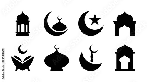 Stylized Black Islamic Symbols Set Featuring Mosque Domes and Crescent Moons