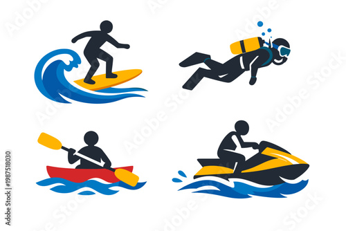 Collection of flat vector icons depicting popular water sports and summer activities including surfing on a big wave, scuba diving with gear, kayaking in a red canoe, and riding a fast jet ski.