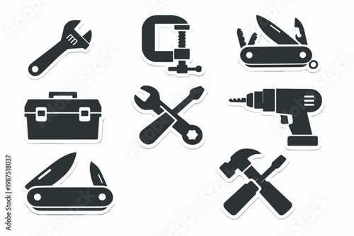 Collection of flat black tool icons and stickers featuring adjustable wrench, C-clamp, multi-tool, pocket knife, toolbox, power drill, hammer, and screwdriver for DIY, repair, and construction.
