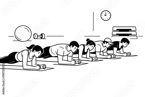 Group of Diverse People Doing Plank Exercises in a Fitness Class, Line Art Vector Illustration. Men and Women Working Out Together in a Gym with Equipment like Dumbbells and Exercise Balls.