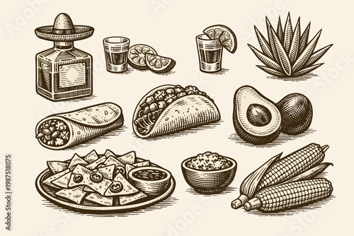 Hand Drawn Vintage Woodcut Style Mexican Food and Drink Collection with Tequila, Agave, Taco, Burrito, Nachos, Avocado, Corn, and Salsa Illustrations for Restaurant Menu and Branding Design