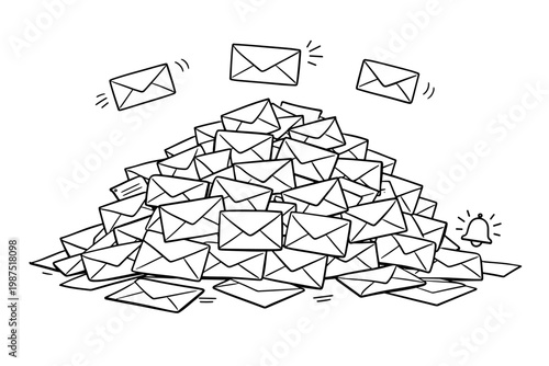 Outline drawing of a large overflowing pile of mail envelopes representing communication backlog, email inbox overload, spam, and excessive correspondence in a minimalist doodle vector style.