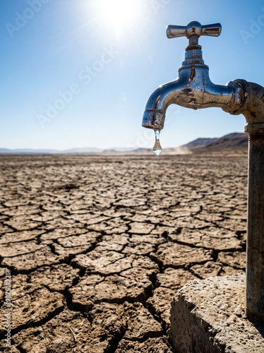 Single water tap in a parched desert landscape with cracked earth representing water scarcity