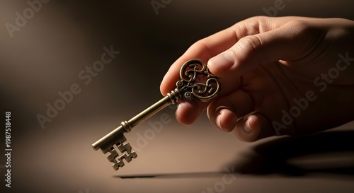 A hand holding an old-fashioned decorative key with a blurred background