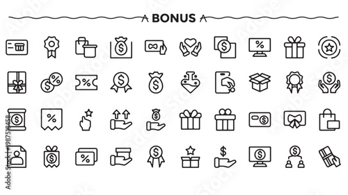 Business Bonus Icons Set - Black Line Reward, Discount, Finance and Profit Symbols