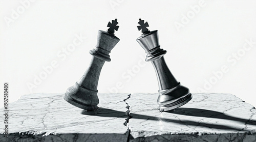 Two chess kings leaning against each other over a cracked surface, symbolizing conflict and fragile alliance