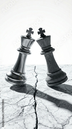 Two chess kings leaning against each other over a cracked surface, symbolizing conflict and fragile alliance