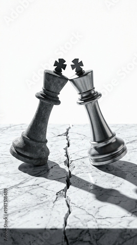 Two chess kings leaning against each other over a cracked surface, symbolizing conflict and fragile alliance