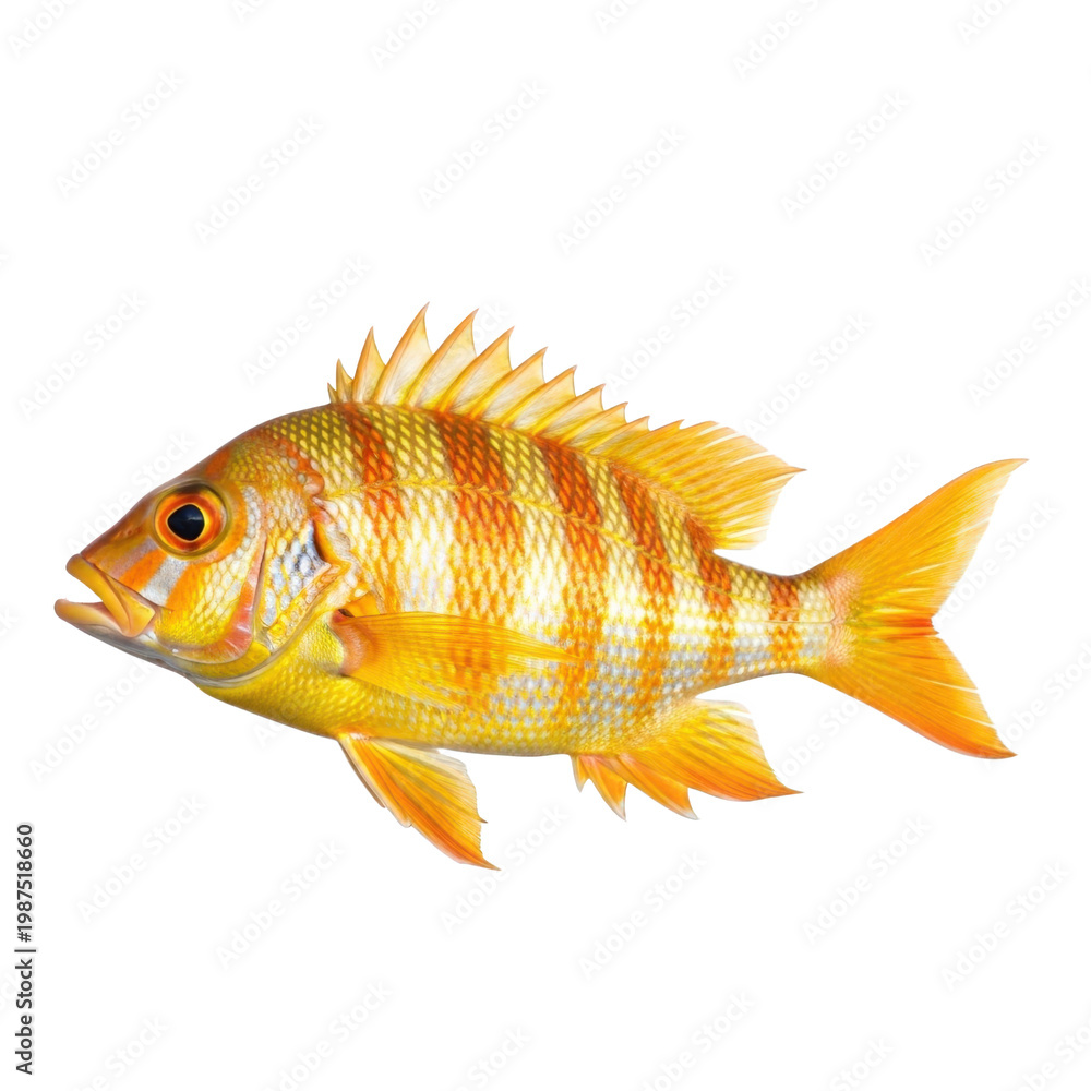 Fototapeta premium A vibrant yellow fish with distinct red and black markings. isolated on transparent background