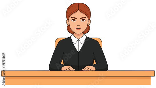 Serious female judge sitting at a wooden desk in a courtroom