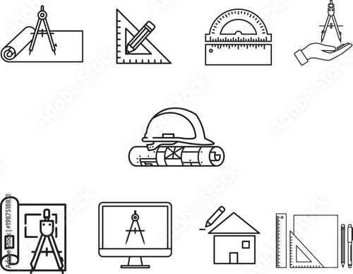 Architecture and Engineering Tools Icon Set Isolated on White Background – Blueprint Drawing Compass Ruler Helmet House Line Art Vector Collection