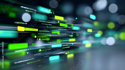 Abstract digital data flow with glowing green and blue lines representing information transfer in a futuristic technology environment