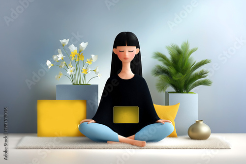 Illustration of a woman meditating in a serene indoor setting with decorative plants and cushions, creating a peaceful atmosphere for relaxation and mindfulness