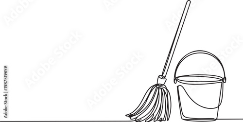 Mop and Bucket Cleaning Supplies Line Art housework