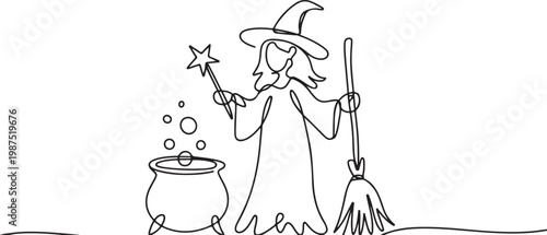 Witch with Cauldron and Magic Wand Line Art spell