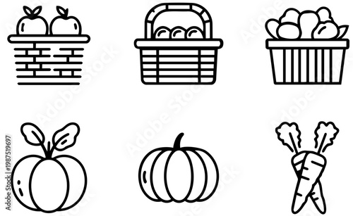 Line drawings of fruit and vegetable baskets and icons  