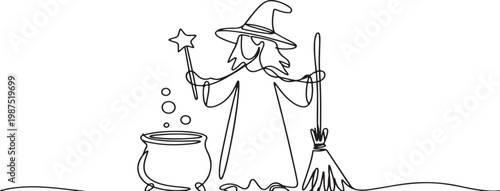 Witch with Cauldron and Broomstick One Line Drawing