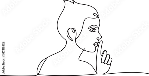 Continuous line drawing of a woman's profile with finger on lips Keywords: woman, profile