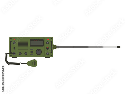 Military communication device: a green radio with a long antenna, used for transmitting and receiving messages. A simple illustration suitable for technology and industry concepts